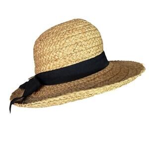 Peter Grimm Raffia Sun Hat with Black Ribbon Bow Size Medium